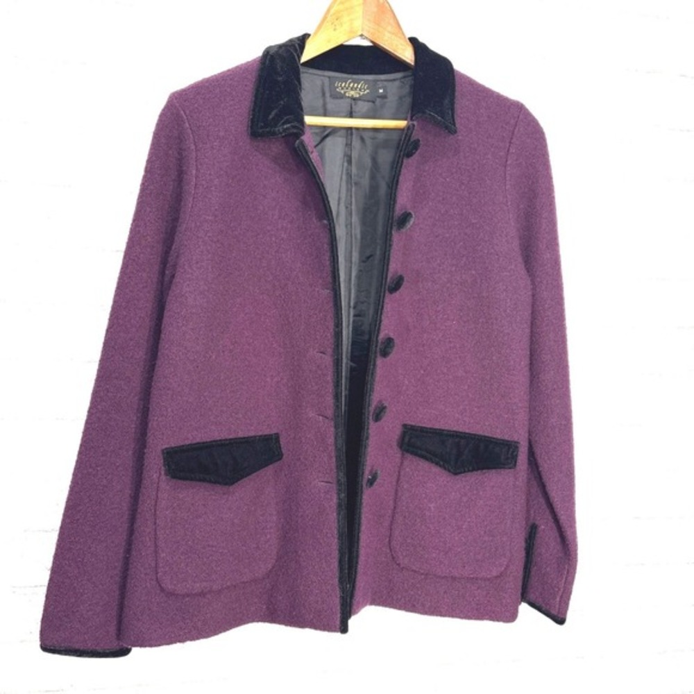 Vintage Icelandic Design Plum Wool Jacket Size M Velvet Trim Fall Blazer Classic - Picture 3 of 10